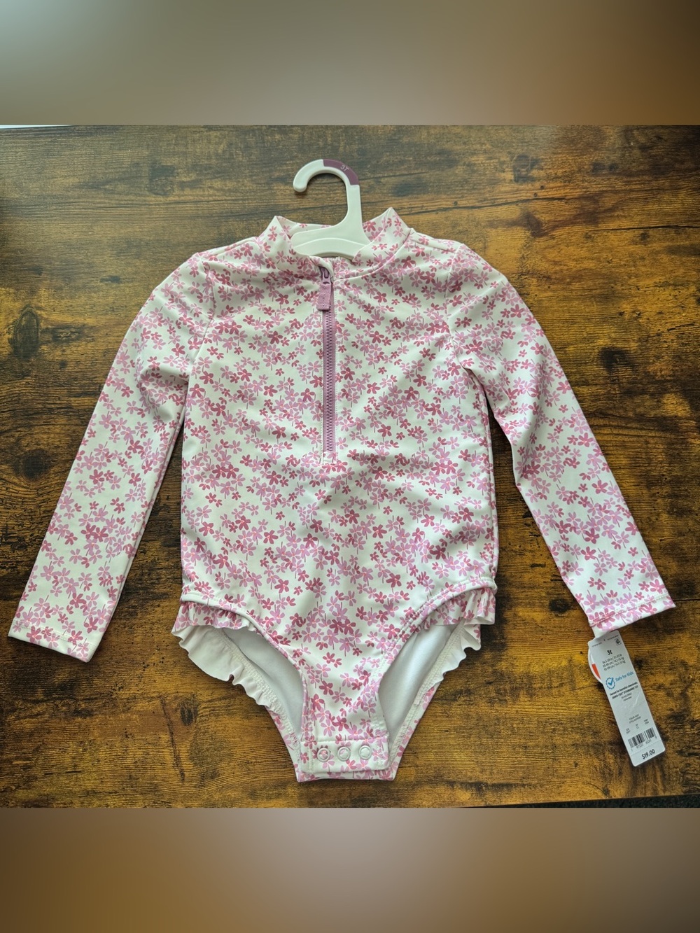 NWT-Carter’s Long-Sleeve Pink Floral Rashguard Swimsuit-3T